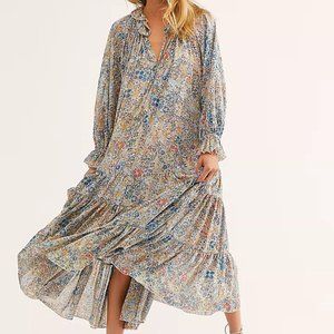 Free People Feeling Groovy Maxi Dress XS 2 floral boho Ruffle With Slip